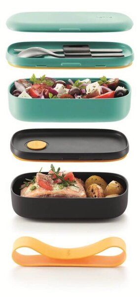 Комплект 2 бр кутии за храна Lekue On The Go 1010220, 500 мл, Херметично затваряне, Отделение за прибори, Клапан за микровълнова, Тюркоаз