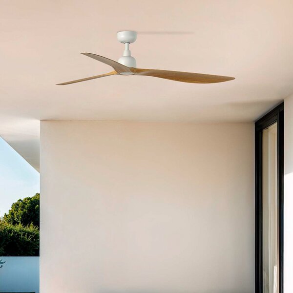 FARO BARCELONA Таванен вентилатор Outwood, кафяв, DC, тих, Ø 150 cm, IP44, Дърво, Дневна/трапезария, Пластмаса, Къща в провинцията / Рустик