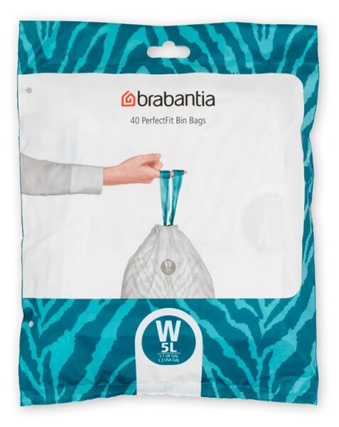 Торбички за кош Brabantia PerfectFit NewIcon 1005489, Размер W, 5 л, 40 броя, Бял