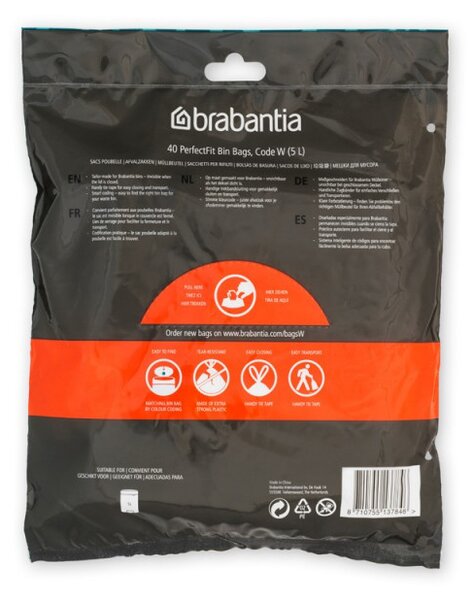 Торбички за кош Brabantia PerfectFit NewIcon 1005489, Размер W, 5 л, 40 броя, Бял