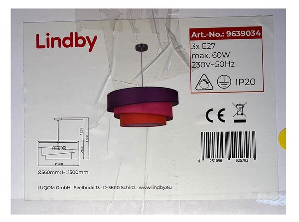 Lindby - Пендел MELIA 3xE27/60W/230V