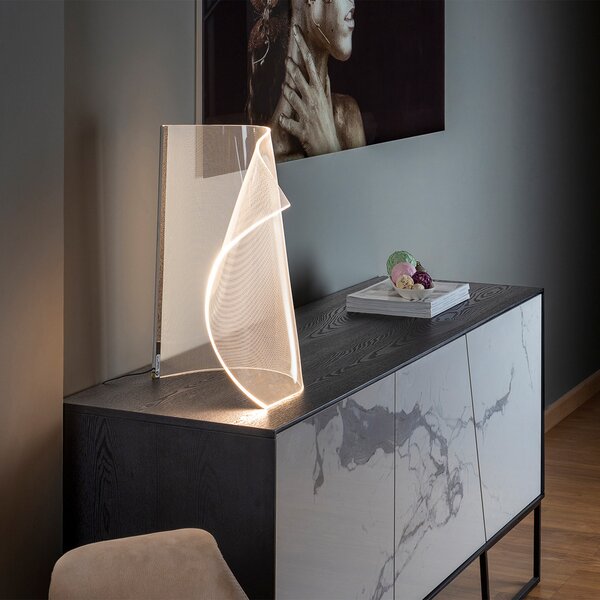 Schuller Valencia Velos II LED настолна лампа, хром, димер, метал, пластмаса, Затъмняване, Прозрачен, Дневна/трапезария, Пластмаса, Дизайн