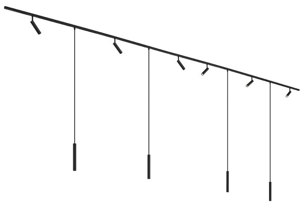 Модерна релсова система за осветление с 6 прожектора и 4 висящи лампи черна 1-фазна - Slimline Uzzy Keno