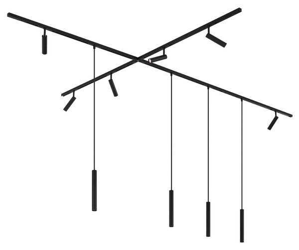 Модерна релсова система за осветление с 6 прожектора и 4 висящи лампи черна 1-фазна - Slimline Uzzy Keno