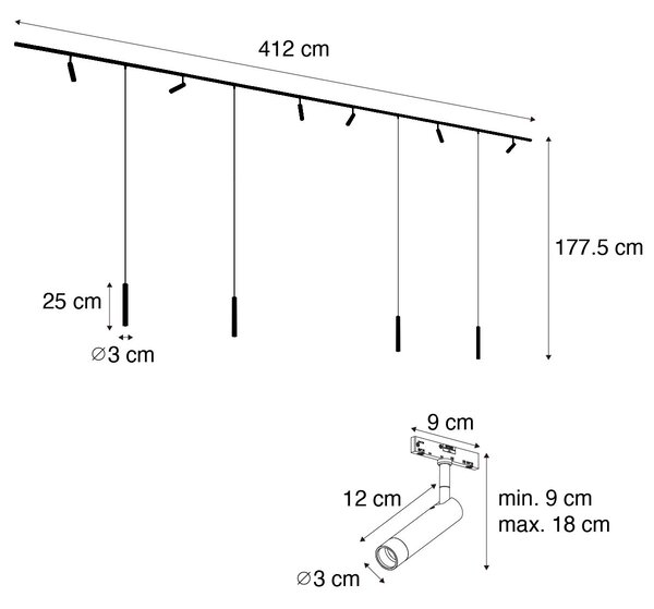 Modern railsysteem met 6 spots en 4 hanglampen brons 1-fase - Slimline Uzzy Keno