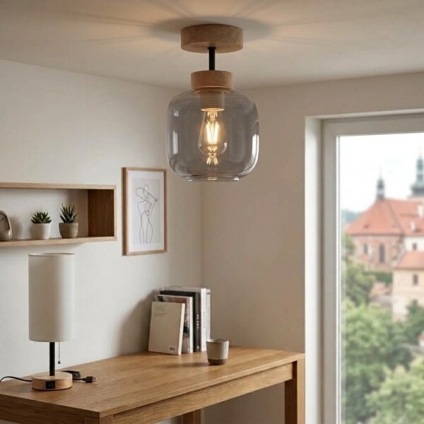 BRILAGI - LED плафонна лампа R GLASS 1xE27/60W/230V Ø 14 см дъб/димно сиво