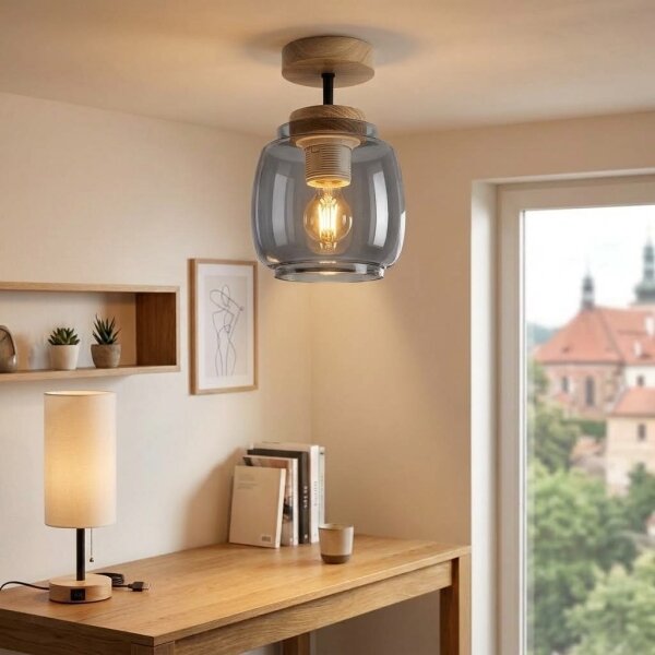 BRILAGI - LED плафон R GLASS 1xE27/60W/230V Ø 26 cm дъб/димчено сиво
