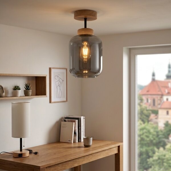 BRILAGI - LED накладен плафон R GLASS 1xE27/60W/230V Ø 14 cm дъб/опушено сиво