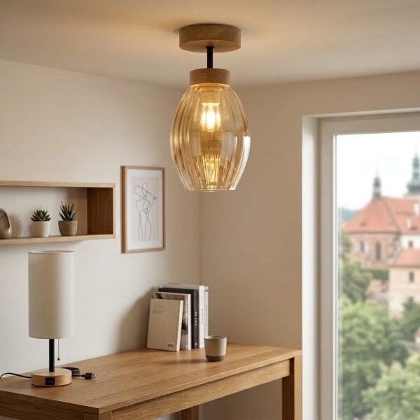 BRILAGI - LED плафон R GLASS 1xE27/60W/230V Ø 17 см дъб/опушено бежово
