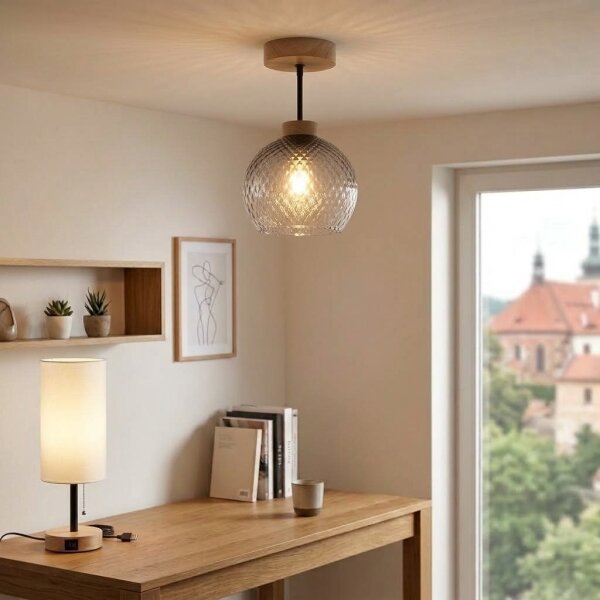 BRILAGI - LED плафон R GLASS 1xE27/60W/230V Ø 18 см дъб/димно сиво