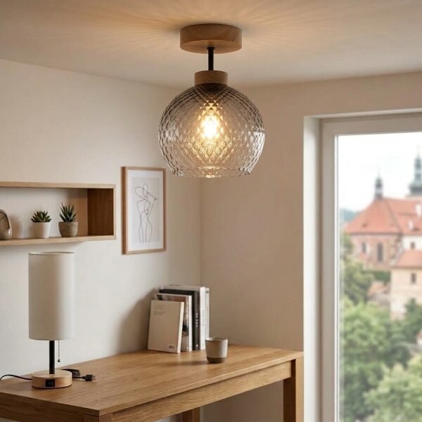 BRILAGI - LED плафонен полилей R GLASS 1xE27/60W/230V Ø 25 см дъб/димно сиво