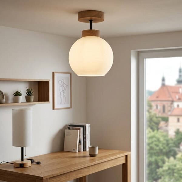 BRILAGI - LED плафон RETRO GLASS 1xE27/60W/230V Ø 15 см дъб/бял