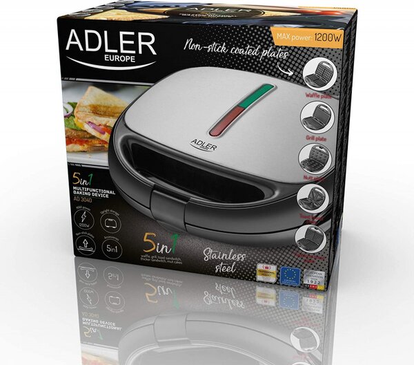 Уред за сандвичи и десерти Adler AD 3040, 1200W, 5 вида плочи, Незалепващо покритие, Черен/инокс