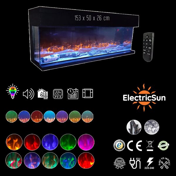 Тристранна електрическа камина ElectricSun VISTA среден, на стена, cвободно стоящ или за вграждане, със звук, 7 цвята, L153xH50cm (запечатан отново)