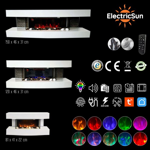 Електрически камини Paula ГОЛЯМ бял ElectricSun, със звук, 10 цвята, WI-FI връзка с приложение, L150xH46x31см