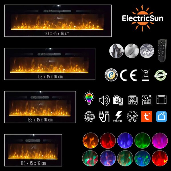 Eлектрическа камина за стена ElectricSun PAULA XS черна стъкло, на стена, cвободно стоящ или за вграждане, със звук, 10 цвята, WI-FI връзка с приложен