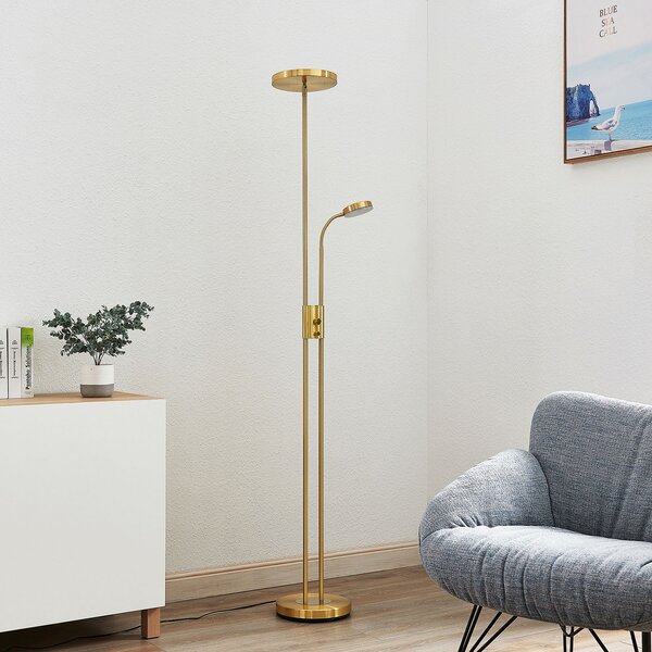 Lindby LED стояща лампа Seppa, кръгла, месинг, метал, 180 см, Затъмняване, Злато / месинг, Дневна/трапезария, Метал, Модерен, Светлина за четене