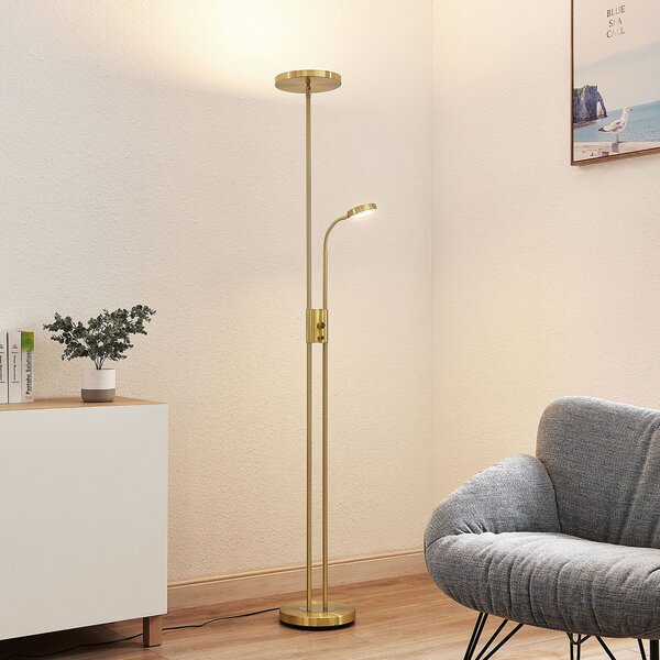 Lindby LED стояща лампа Seppa, кръгла, месинг, метал, 180 см, Затъмняване, Злато / месинг, Дневна/трапезария, Метал, Модерен, Светлина за четене
