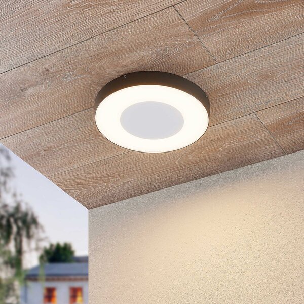 Lucande LED външно таванно осветително тяло Sora, кръгло, сензор, IP54, Сив, Метал, Модерен