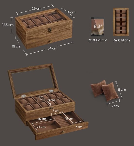 Кутия за часовници Songmics 19 x 34 x 12.5 см JOW012K01 Кафяв