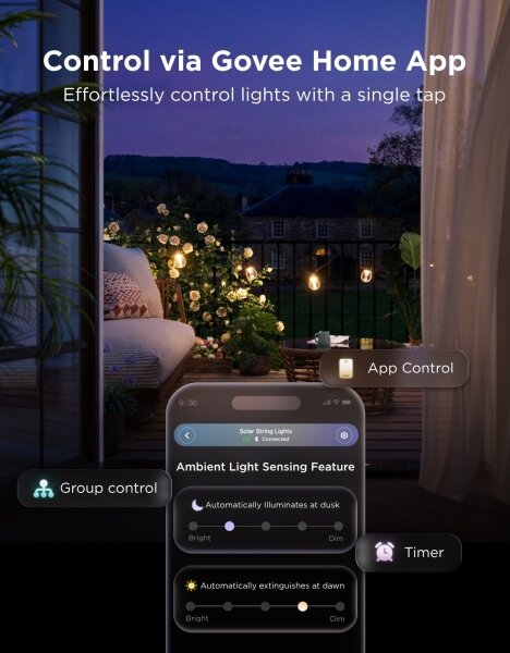 Govee - LED RGBICW соларен гирлянд 8xLED/6W/5V Wi-Fi Matter IP67