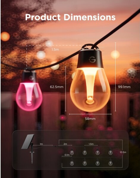 Govee - LED RGBICW соларен гирлянд 8xLED/6W/5V Wi-Fi Matter IP67