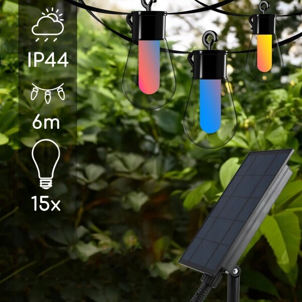LED RGB соларна декоративна гирлянда 15xLED/18 функции USB 6 m IP44 черна