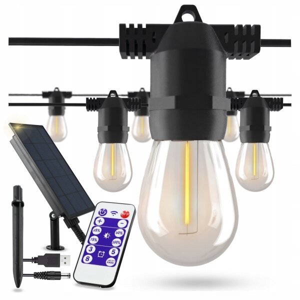 LED димируем соларен декоративен гирлянд 10xE27/3V USB 2400 mAh 10,62 m IP65 черен + ДУ