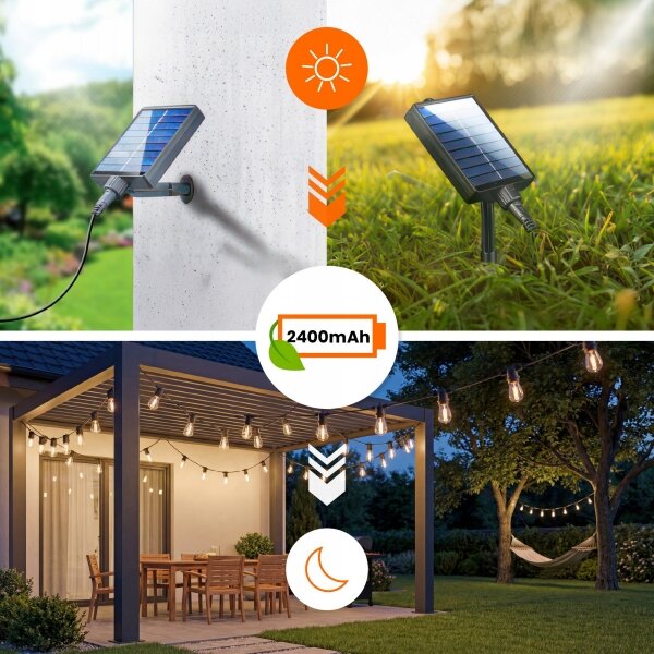 LED димируем соларен декоративен гирлянд 10xE27/3V USB 2400 mAh 10,62 m IP65 черен + ДУ