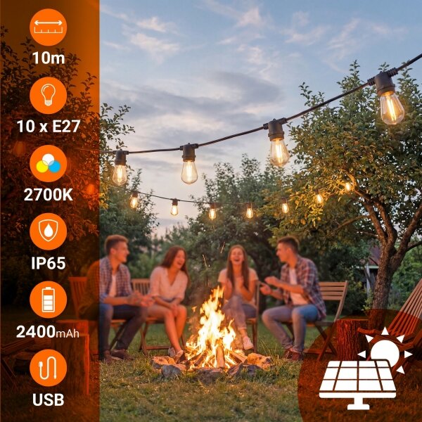 LED димируем соларен декоративен гирлянд 10xE27/3V USB 2400 mAh 10,62 m IP65 черен + ДУ