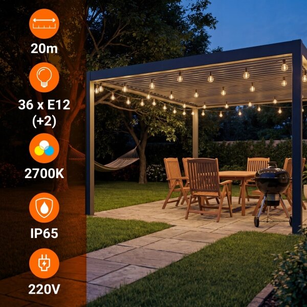 LED външен декоративен гирлянд 36xE12/1W/230V 22,35 m IP65 черен