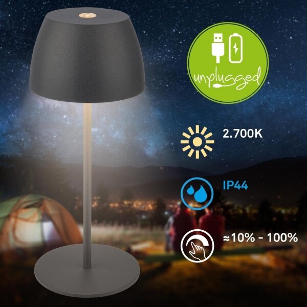Briloner - LED мини настолна лампа, димируема, презареждаема, със сензорно управление, за външна употреба LED/2,5W/5V IP44 1800 mAh антрацит