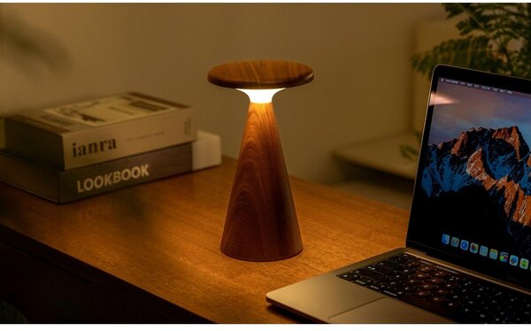 LED настолна лампа в тъмно естествен цвят с дървен абажур (височина 21 cm) Sylva – Gingko