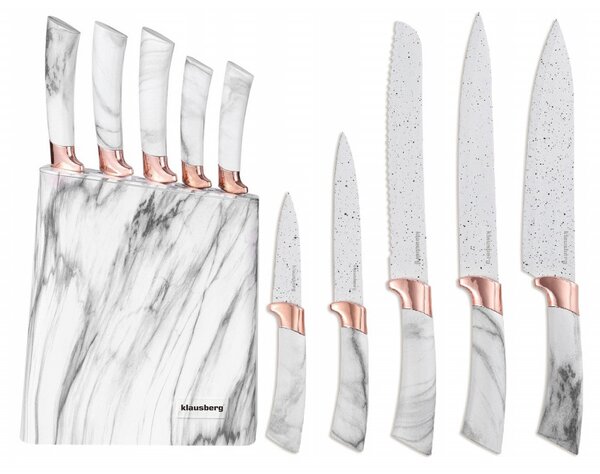 Комплект ножове със стойка Klausberg KB 7769, 6 части, Ергономични дръжки, Неръждаема стомана, Бял мрамор