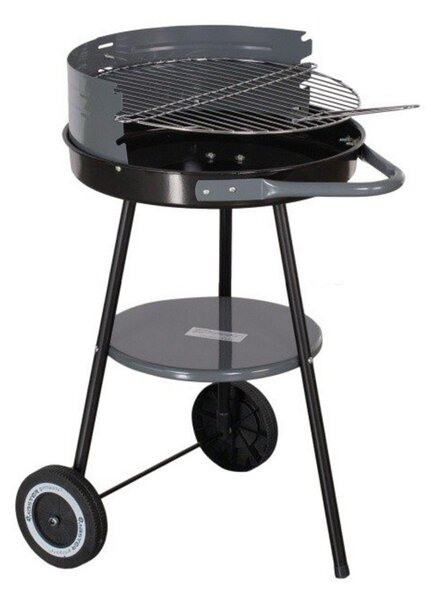 Кръгло барбекю на дървени въглища MasterGrill MG912, 40 см, Дръжка за пренасяне, Долен рафт, 2 колела, Черен/сив