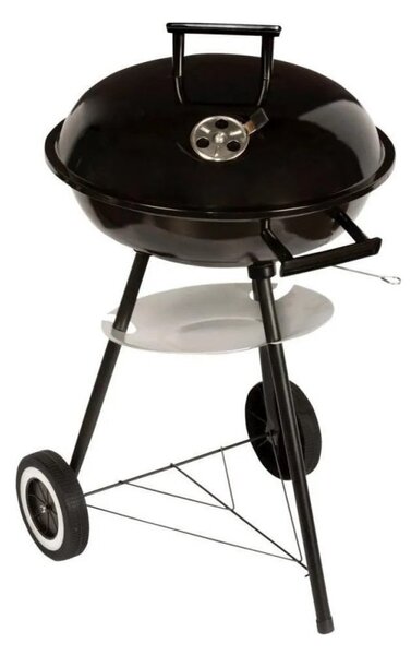 Барбекю на дървени въглища MasterGrill MG913, 42 см, Емайлирана стомана, Дървени дръжки, Долен рафт, 2 колела, Черен/Инокс