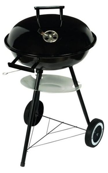 Барбекю на дървени въглища MasterGrill MG913, 42 см, Емайлирана стомана, Дървени дръжки, Долен рафт, 2 колела, Черен/Инокс