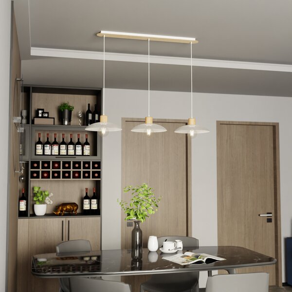 EMIBIG LIGHTING Висящо осветително тяло Kobe, три осветителни тела, стомана, дърво, бяло, Затъмняване, Бял, Дневна/трапезария, Метал