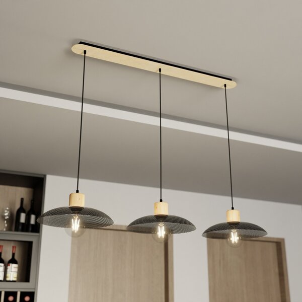 EMIBIG LIGHTING Висяща лампа Kobe, с три лампи, стомана, дърво, черна, Затъмняване, Черен, Дневна/трапезария, Метал
