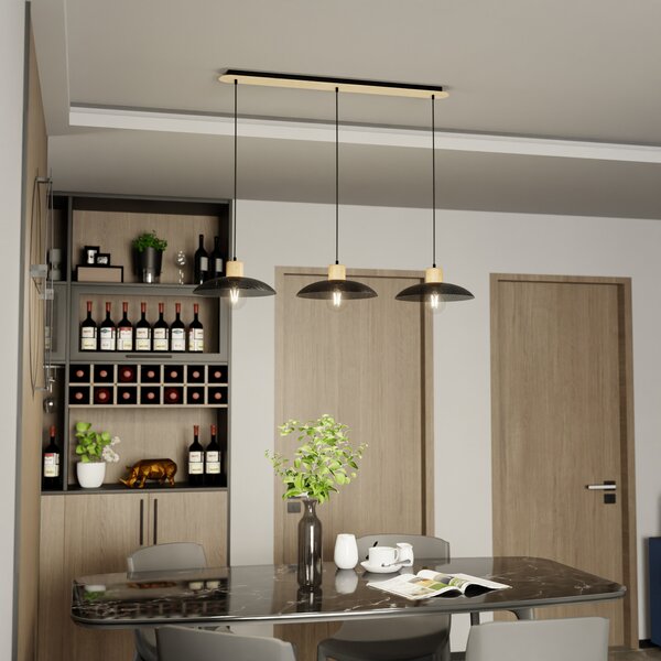 EMIBIG LIGHTING Висяща лампа Kobe, с три лампи, стомана, дърво, черна, Затъмняване, Черен, Дневна/трапезария, Метал