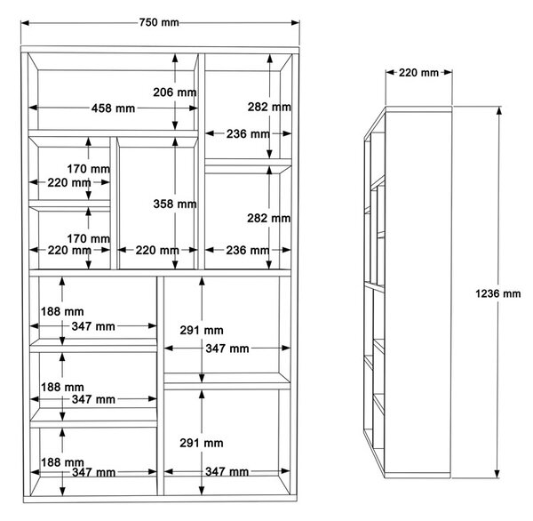 Библиотека с 10 отделения, Boteca, Pako World, бяло-естествен цвят, 75x22x123 см