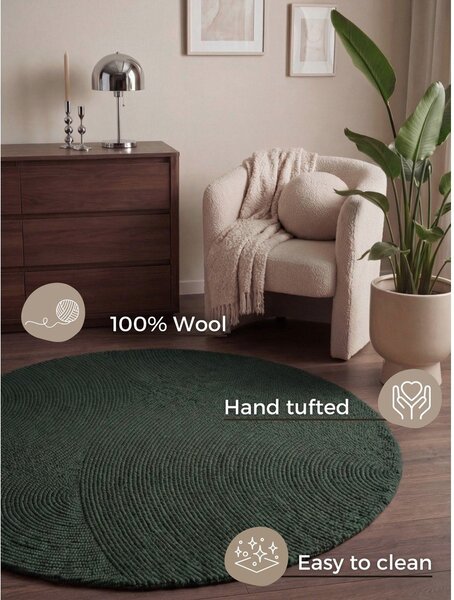 Тъмнозелен ръчно изработен вълнен кръгъл килим ø 120 cm Calmio – Hanse Home