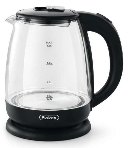 Електрическа кана за вода Rosberg R51230AE, 1500W, 1.8 л, Вграден нагревател, Стъкло, Индикатор, Черен
