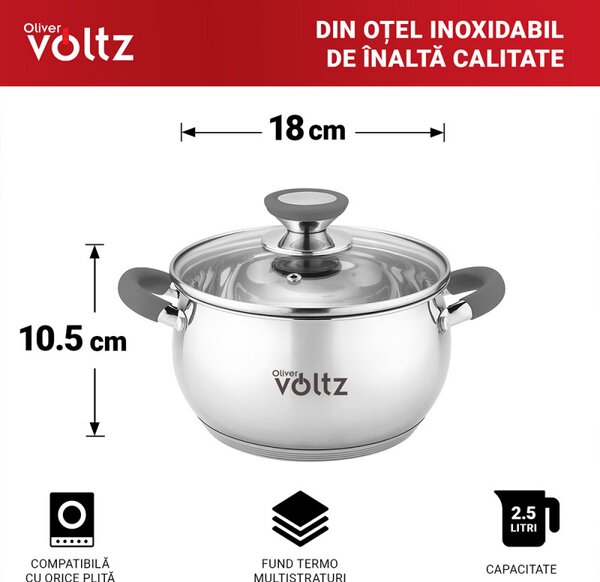 Тенджера Oliver Voltz OV51210N18, 18см, 2.5 л, Индукция, Силиконови дръжки, Инокс/сив