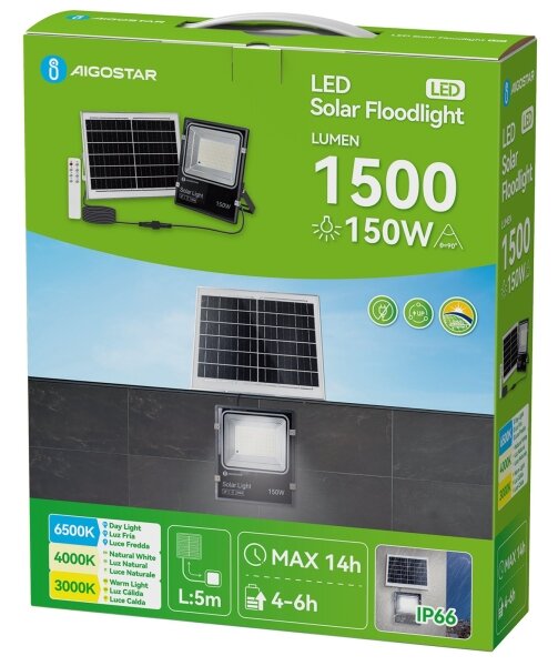 Aigostar-LED Соларен LED прожектор/150W/3,2V 3000mAh 3000K/4000K/6500K IP66 + дистанционно управление