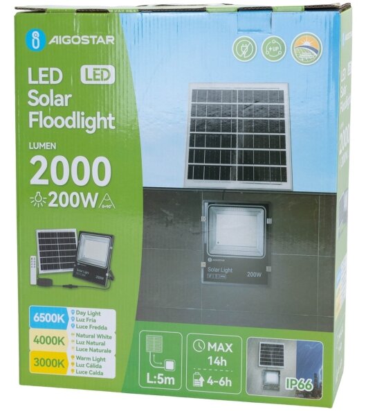 Aigostar-LED Соларен LED прожектор/200W/3,2V 3600mAh 3000K/4000K/6500K IP66 + дистанционно управление