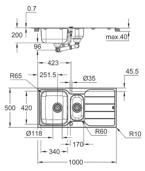 Grohe K500 кухненска мивка от неръждаема стомана с отцедник, двукоритна