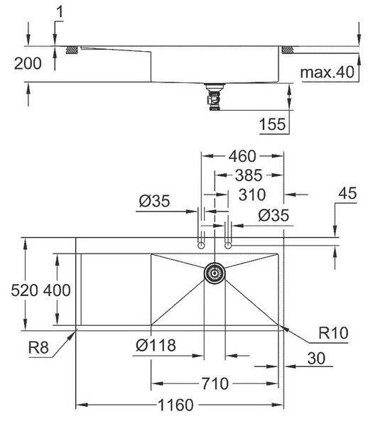 Grohe K1000 Кухненска мивка от неръждаема стомана с отцедник, 1160 х 520 мм