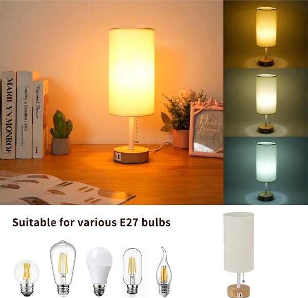 Brilagi - Настолна лампа с USB порт TABLON 1xE27/25W/230V дъб/бял/крем