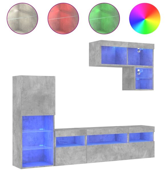 VidaXL ТВ стенни модули с LED, 6 части, бетонно сиви, инженерно дърво